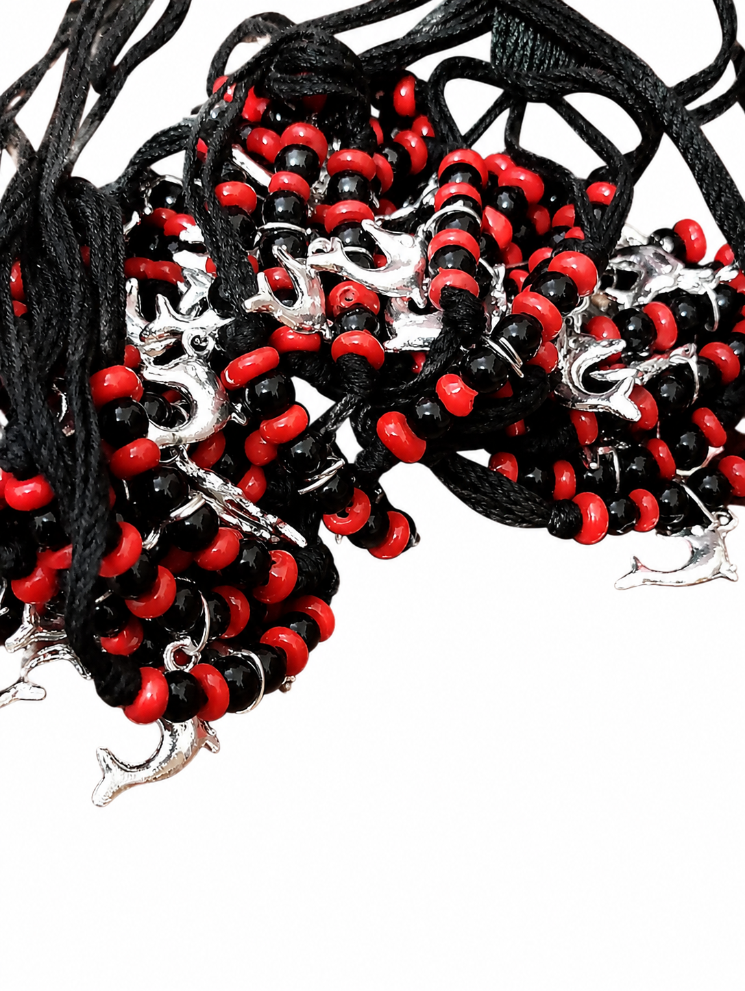 Religious Black Thread Bracelet with Red & Black Beads Fish Shape Pendant Traditional Hindu Spiritual Adjustable Wrist Thread