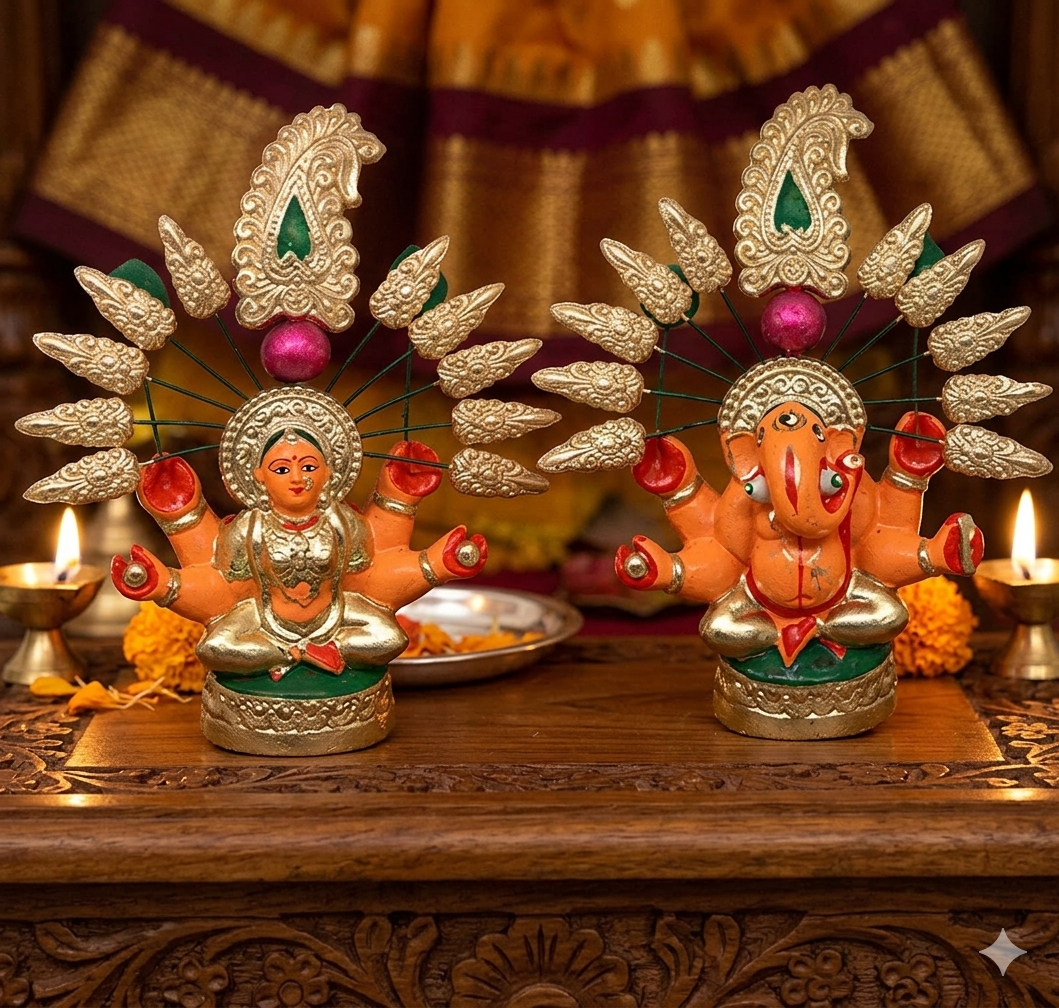 4X4X2 inch Ganesh Laxmi ji clay idol murti Hindu pooja puja Religion Banaras