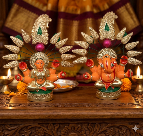 4X4X2 inch Ganesh Laxmi ji clay idol murti Hindu pooja puja Religion Banaras