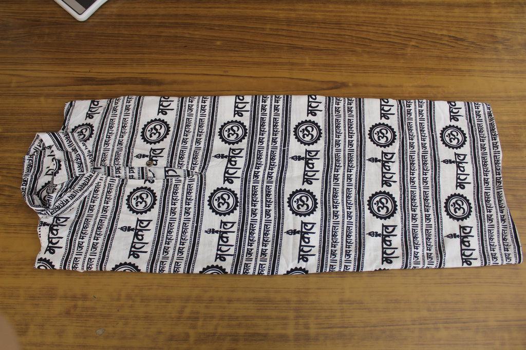 New 2 Pcs Mhakal Religious Kurta White and Black with Traditional Sanskrit Print Cotton Blend Ethnic Wear Hindu Religious Fashion