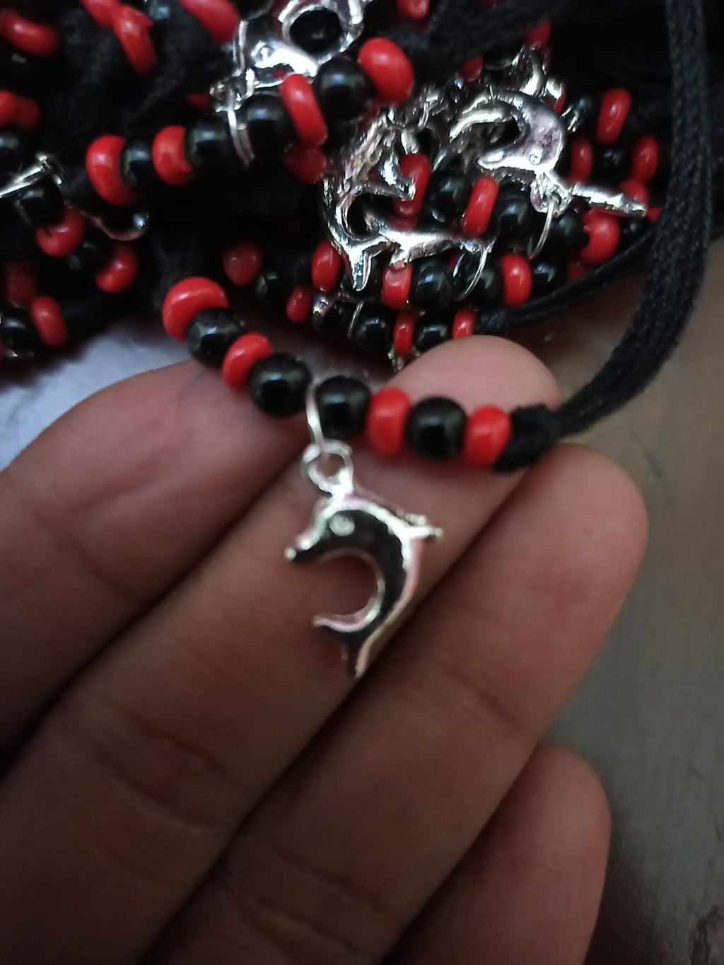 Religious Black Thread Bracelet with Red & Black Beads Fish Shape Pendant Traditional Hindu Spiritual Adjustable Wrist Thread