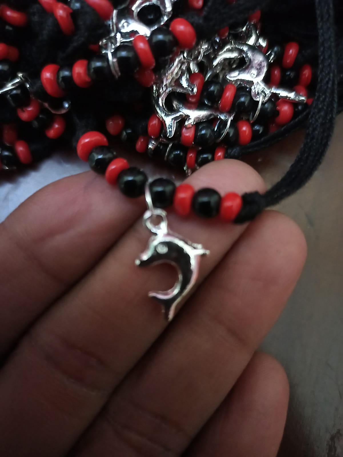 Religious Black Thread Bracelet with Red & Black Beads Fish Shape Pendant Traditional Hindu Spiritual Adjustable Wrist Thread