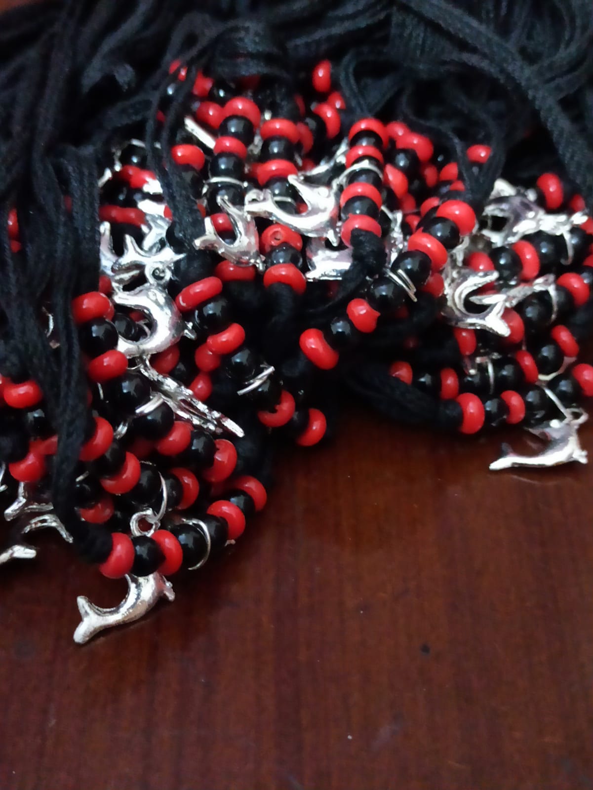 Religious Black Thread Bracelet with Red & Black Beads Fish Shape Pendant Traditional Hindu Spiritual Adjustable Wrist Thread