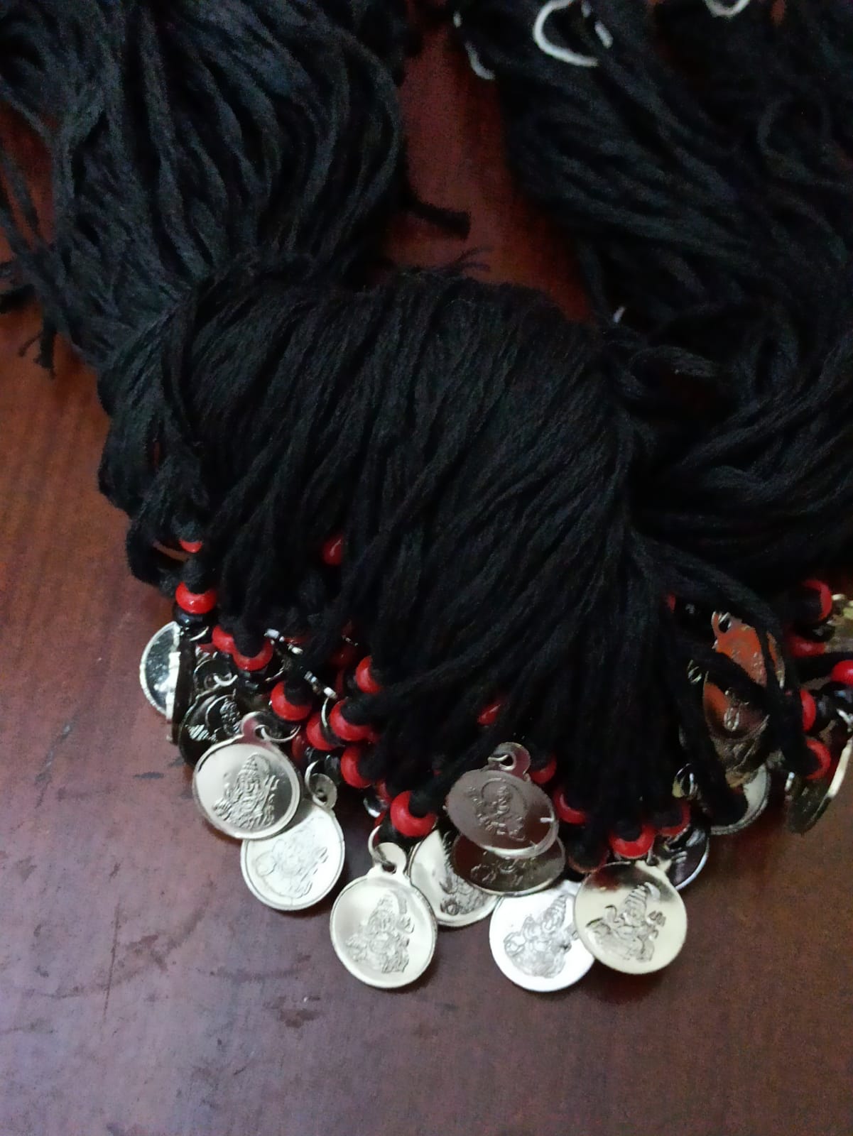 Religious Black Thread Bracelet with Coin Shape Pendant Red & Black Beads Traditional Hindu Adjustable Wrist Thread