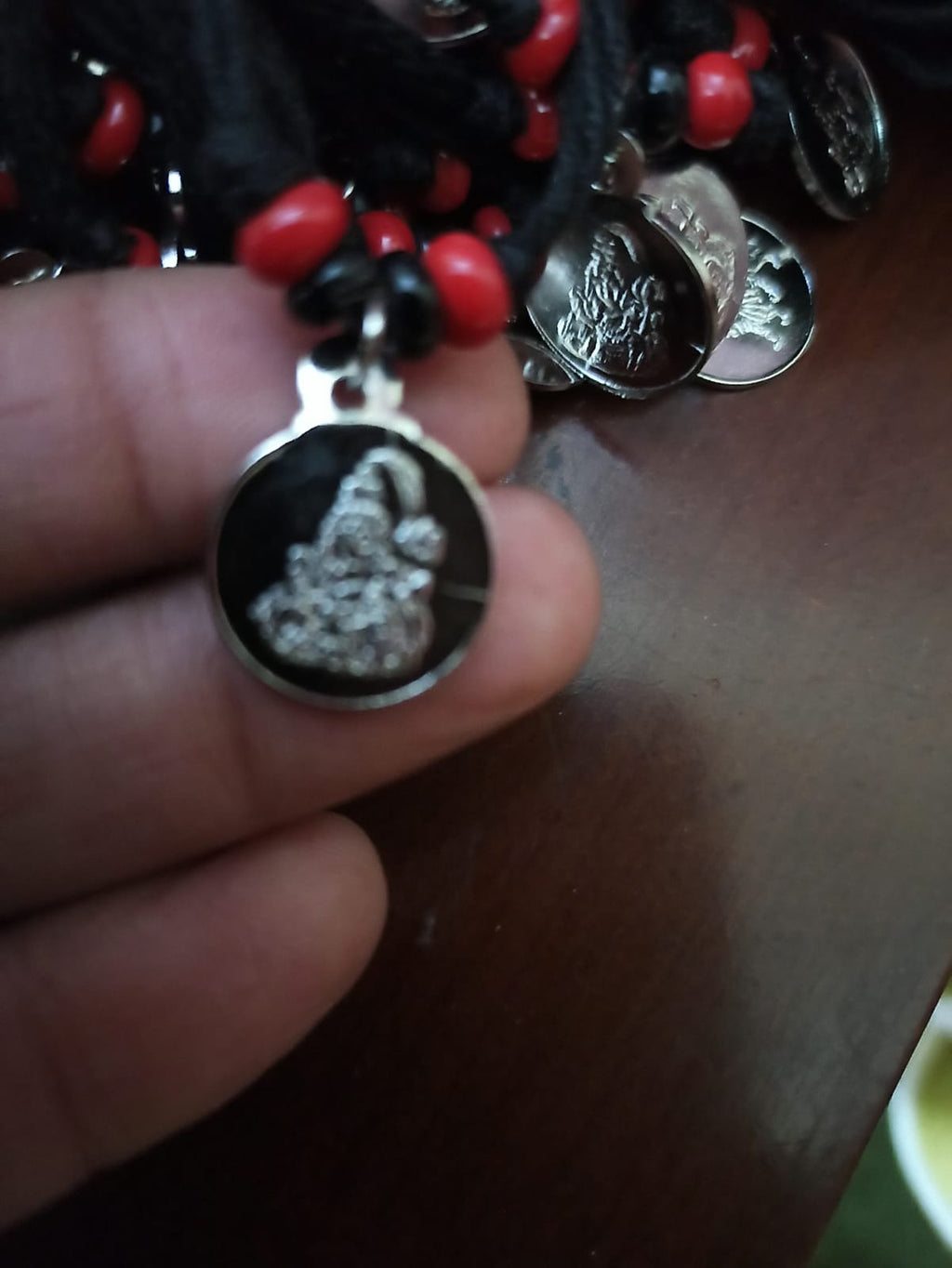 Religious Black Thread Bracelet with Coin Shape Pendant Red & Black Beads Traditional Hindu Adjustable Wrist Thread